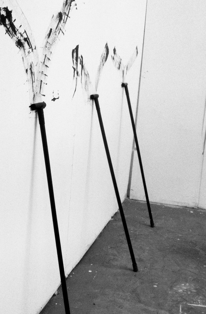 Walking Sticks, wood Sticks, leather, rubber and oil color, 150x30cm each, 1997