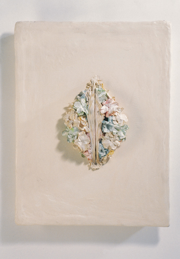 Flowers Arrangment, bathin cap, wood and oil color, 100x70cm, 1994