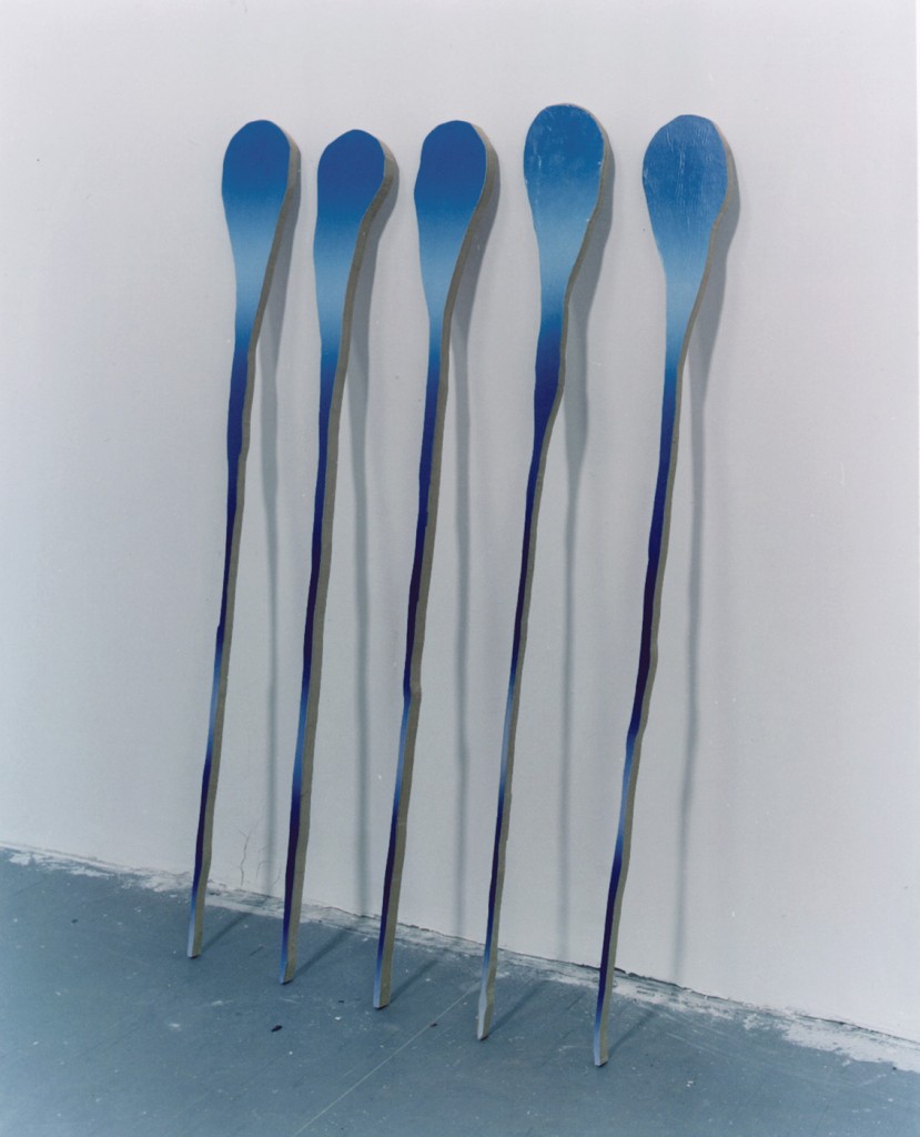 Blue Drops, wood, colored paper, 100x15x2cm each, 1998
